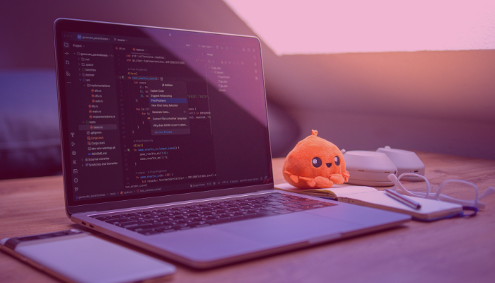 Laptop showing code and desk toy